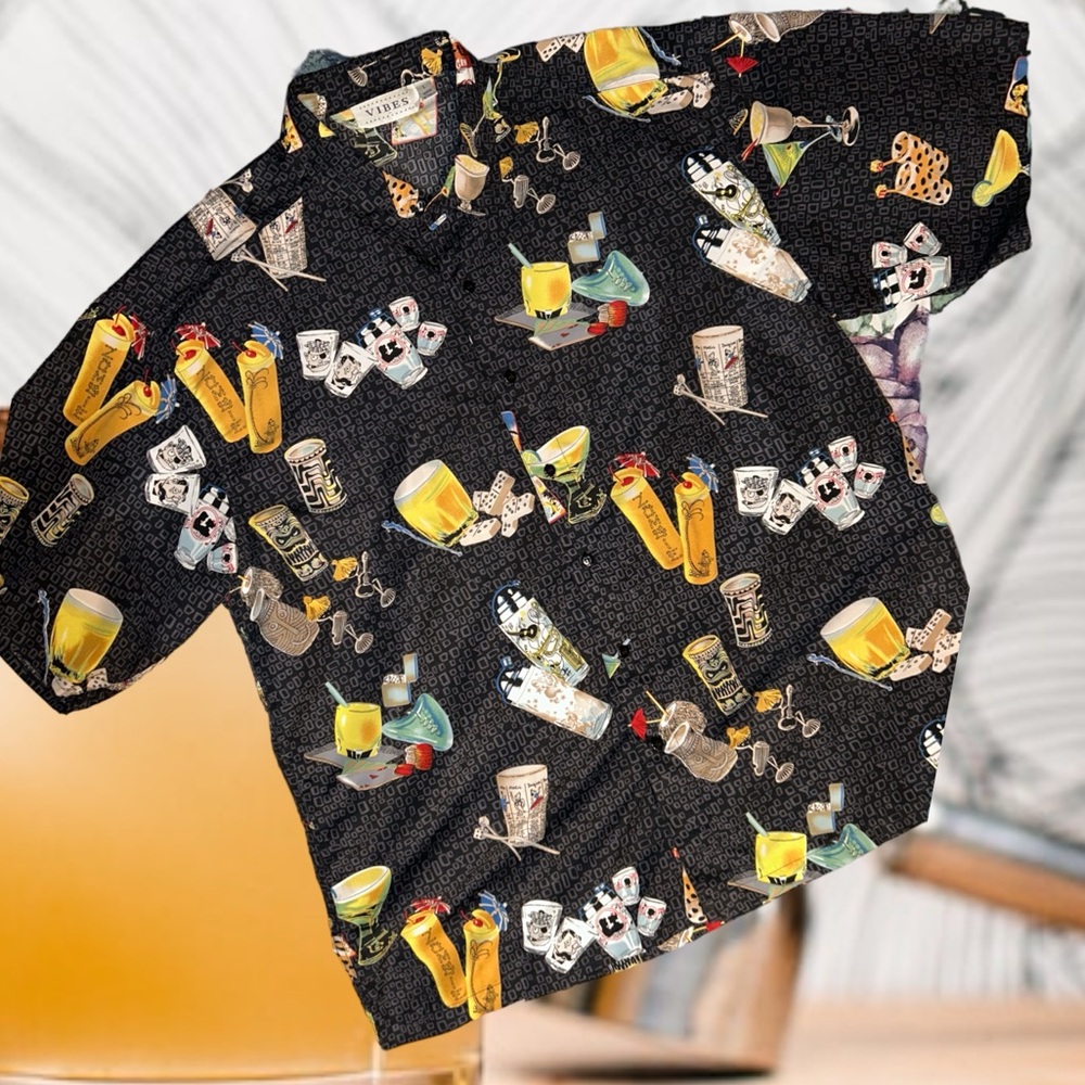 Vibes epic I’m here to party casual button down Hawaiian cocktails cards girls